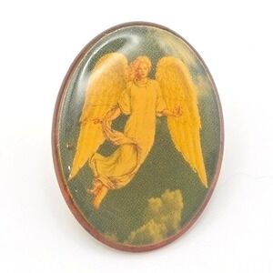 Vintage Guardian Angel Lapel Pin Religious Christian Wings Oval Brooch Accessory